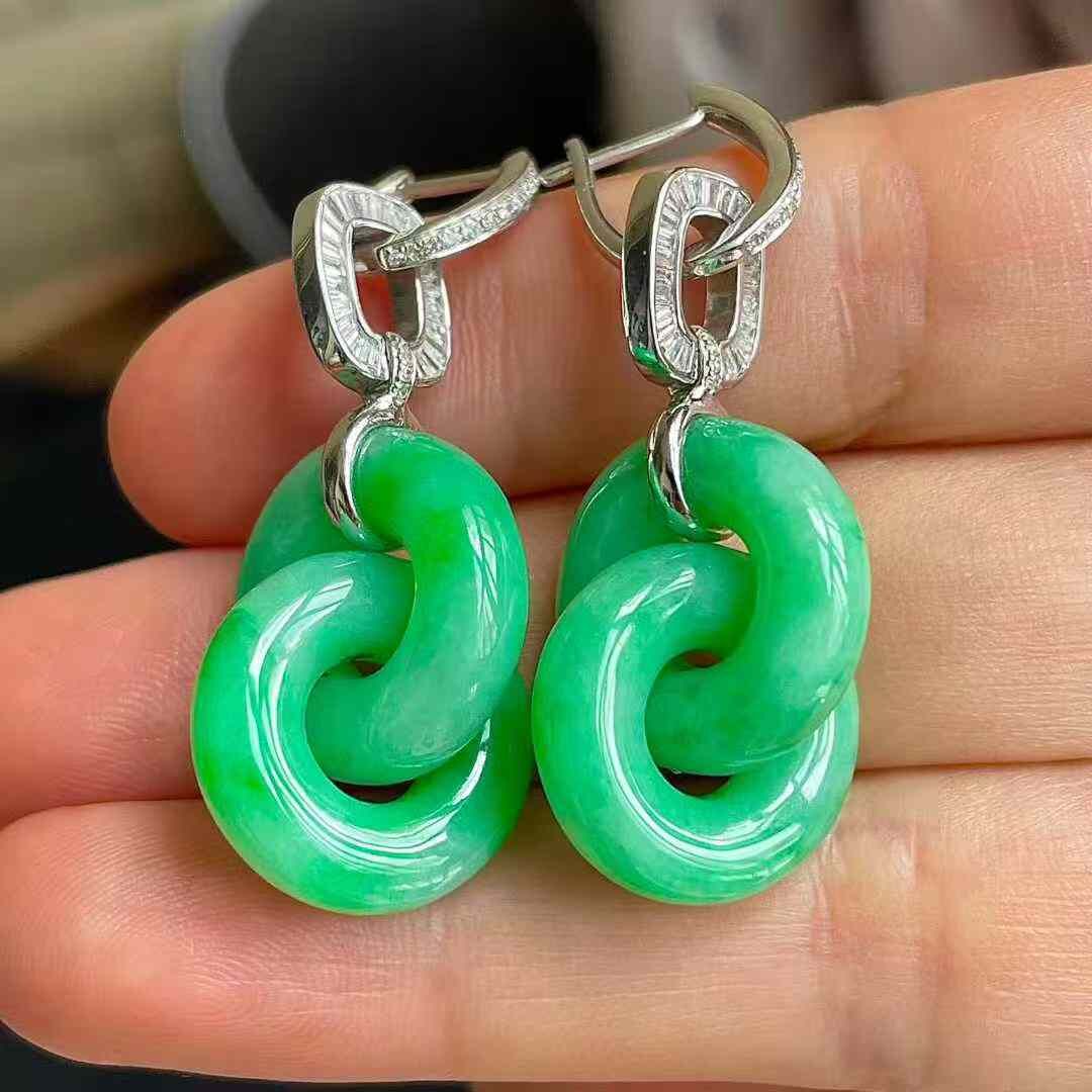翡翠冰陽綠雙環耳墜,天然翡翠A玉, 緬甸玉, Jade, Jadeite