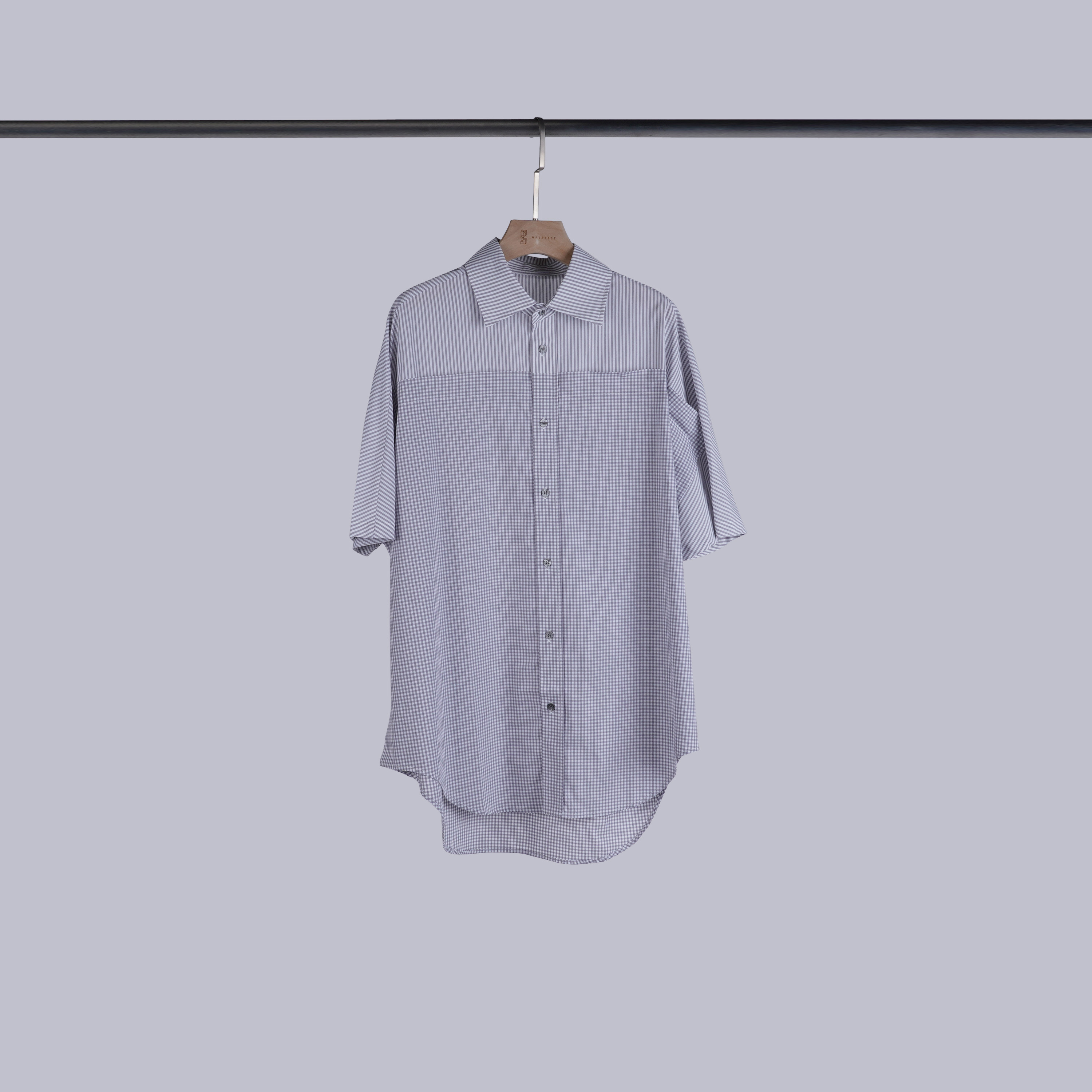 質感方格拼接條紋襯衫 | S-L | 淺淺灰