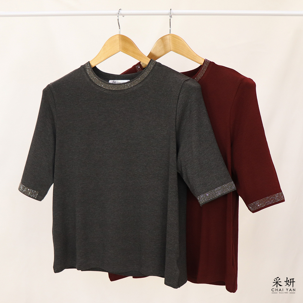 素色燙鑽寬鬆圓領五分袖上衣