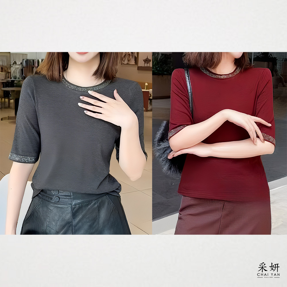 素色燙鑽寬鬆圓領五分袖上衣