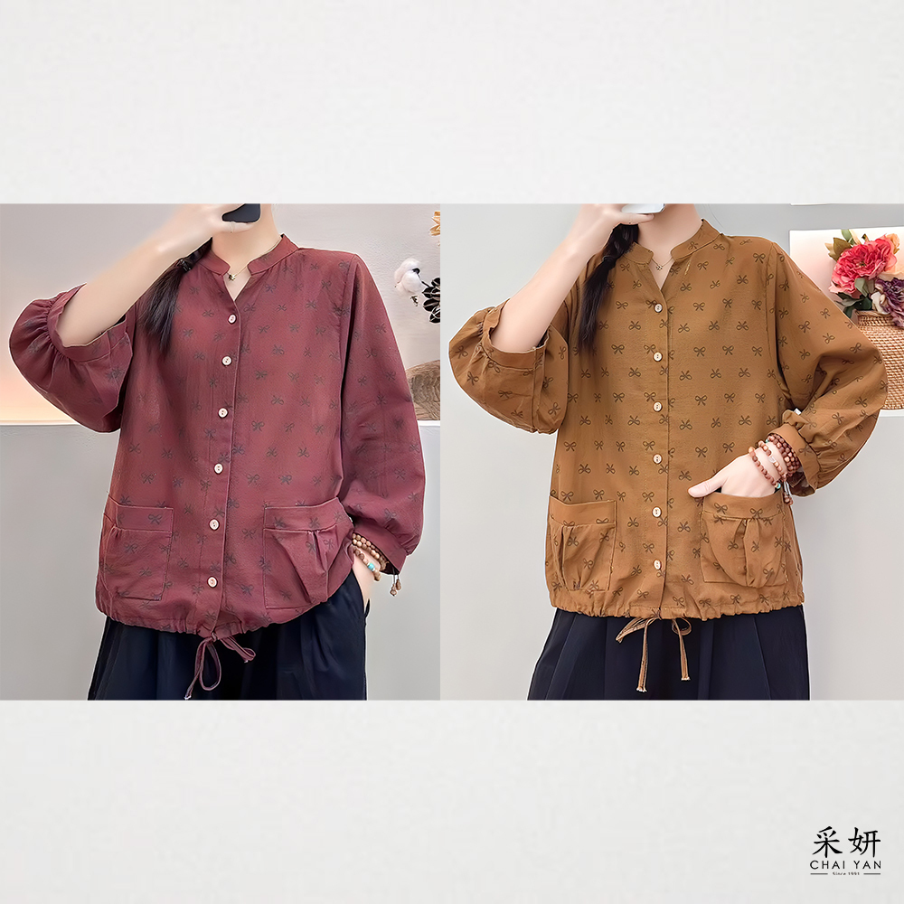 蝴蝶結印花排扣V領長袖上衣