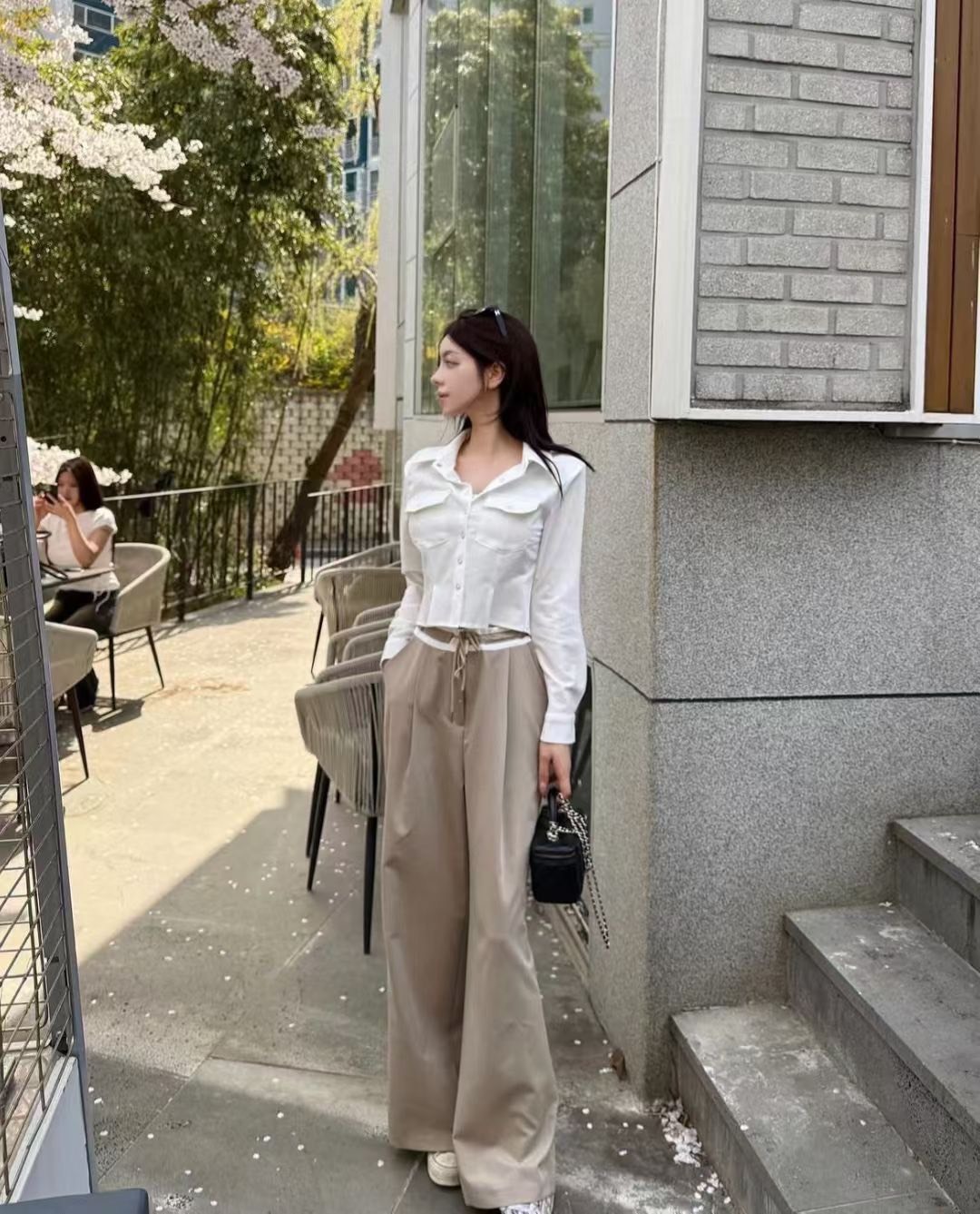 白邊綁帶休閒風長褲