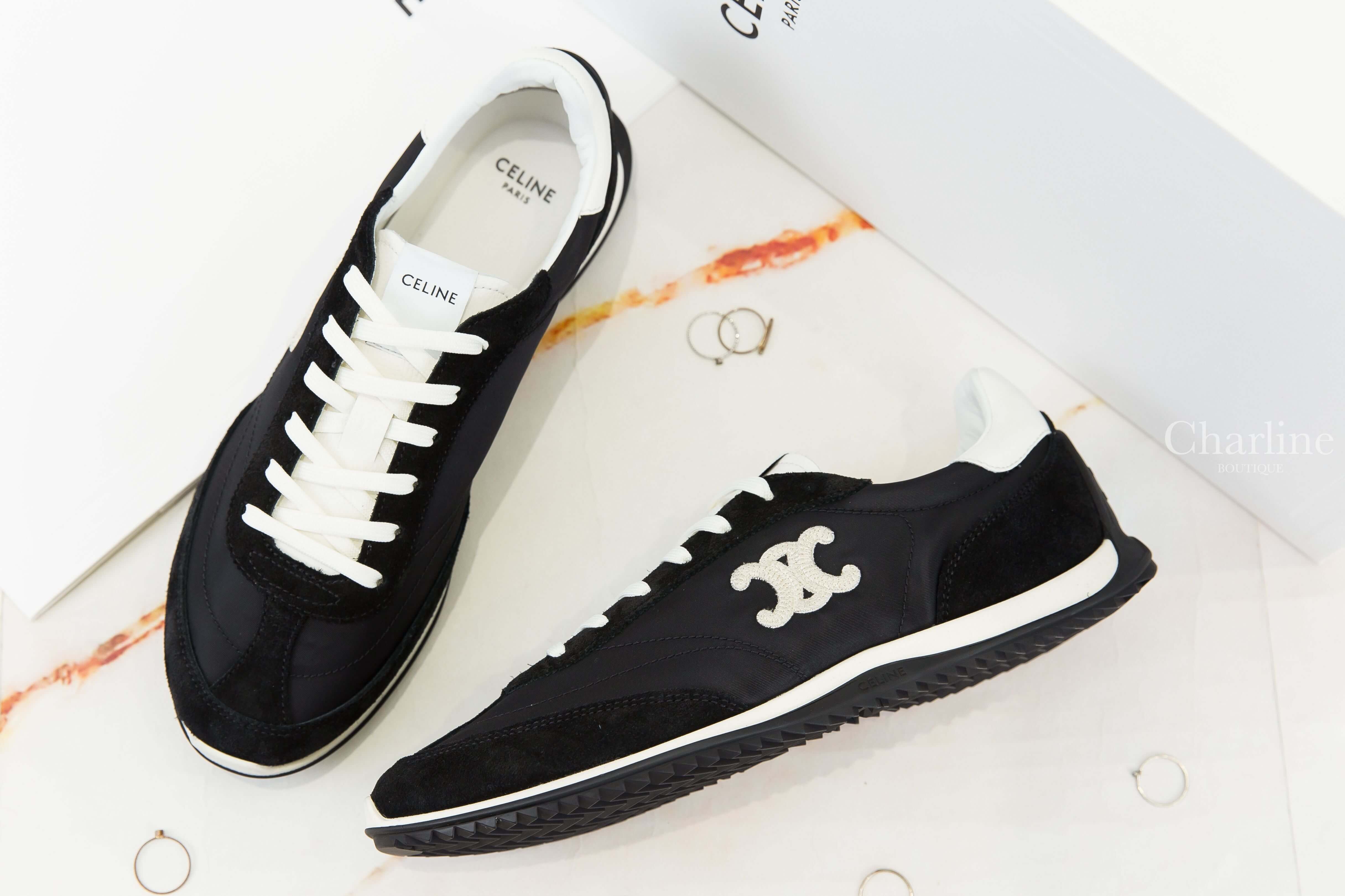 Celine Racer-Low Top Sneaker With Triomphe 黑色側邊米白編織凱旋門白色牛皮拼黑色麂皮尼龍低筒運動鞋-Charline Boutique 精品代購