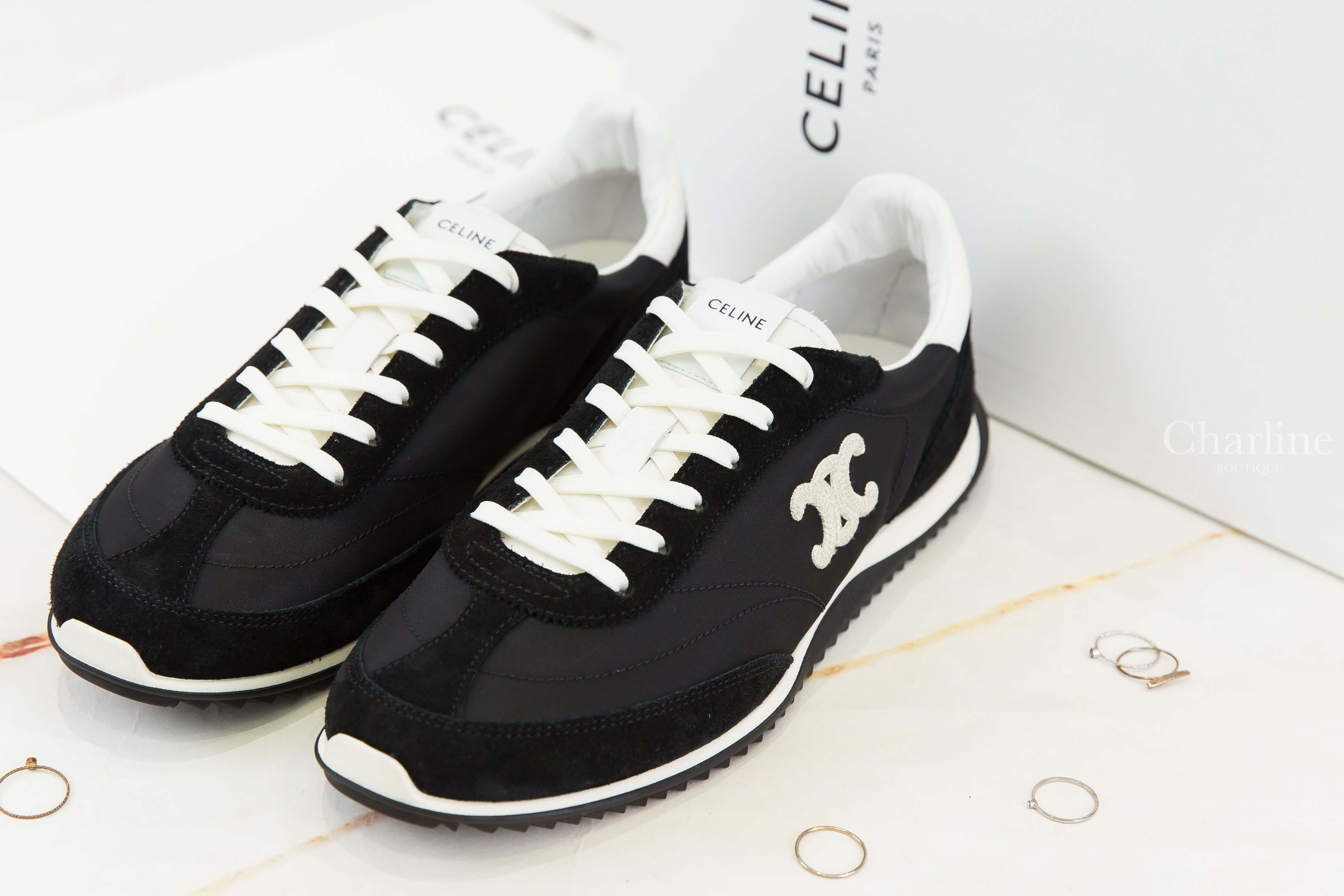 Celine Racer-Low Top Sneaker With Triomphe 黑色側邊米白編織凱旋門白色牛皮拼黑色麂皮尼龍低筒運動鞋-Charline Boutique 精品代購