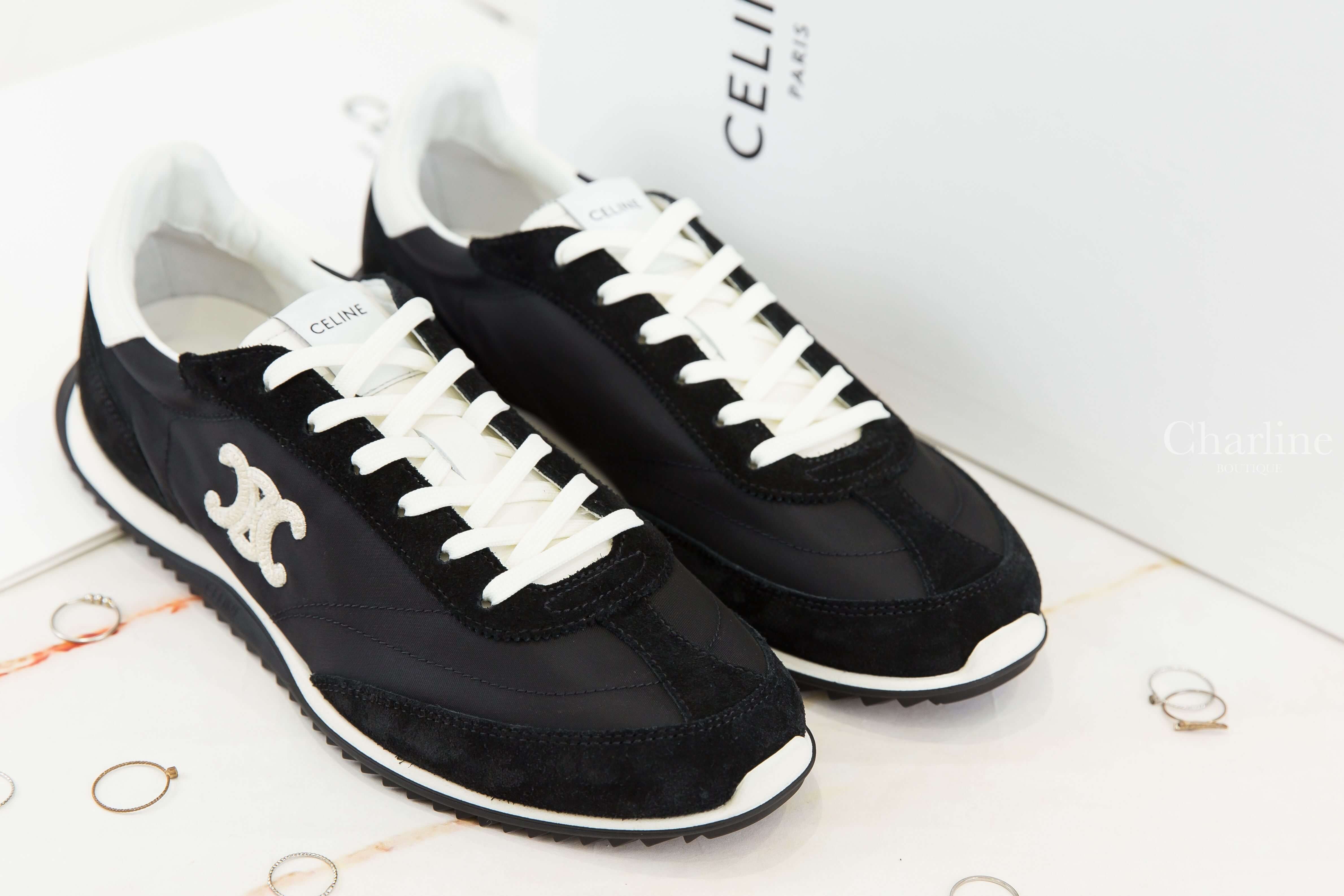 Celine Racer-Low Top Sneaker With Triomphe 黑色側邊米白編織凱旋門白色牛皮拼黑色麂皮尼龍低筒運動鞋-Charline Boutique 精品代購