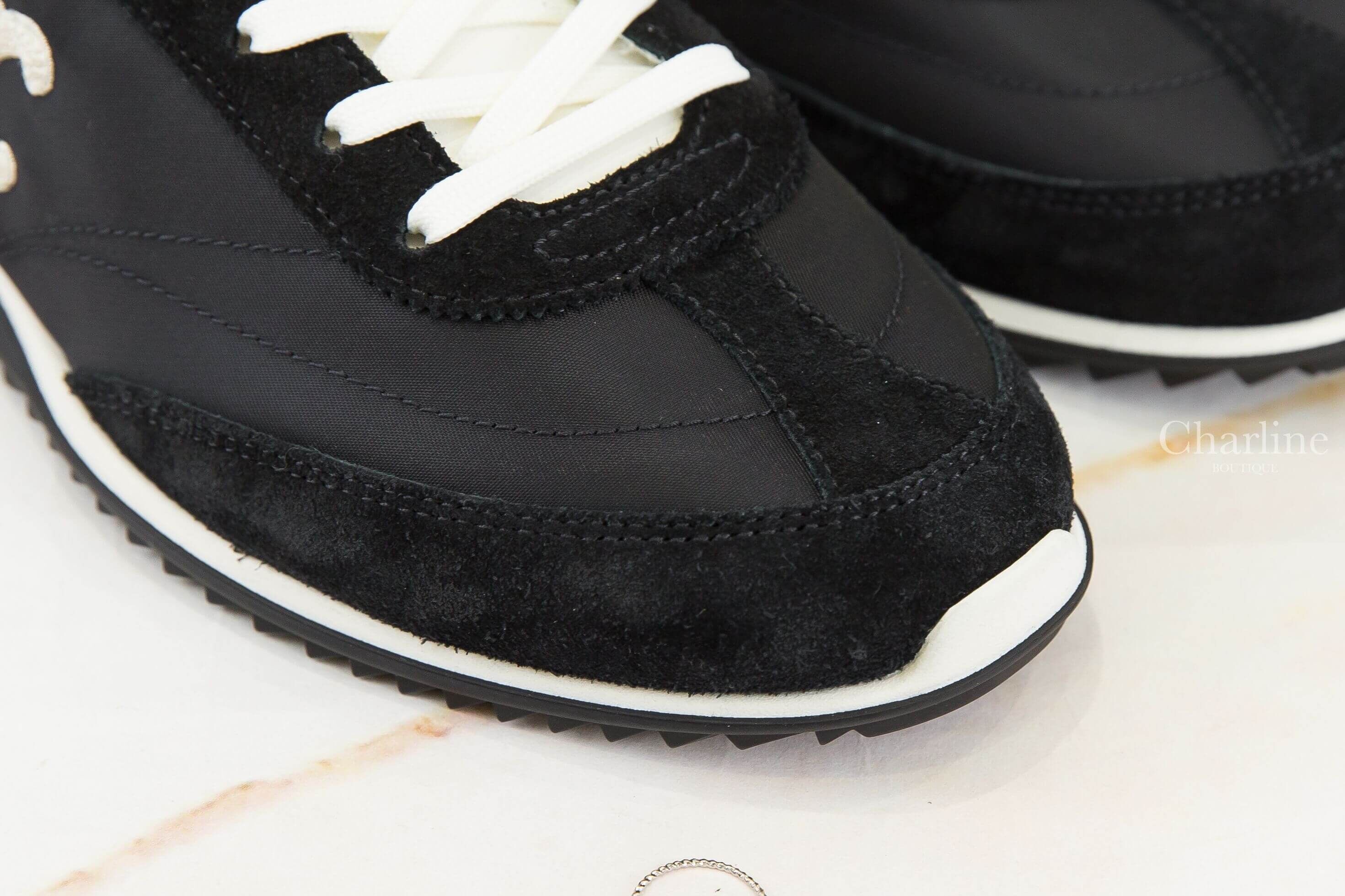 Celine Celine Racer-Low Top Sneaker With Triomphe In Nylon, Suede Calfskin And Calfskin 黑色側邊米白編織凱旋門白色牛皮拼黑色麂皮尼龍低筒運動鞋