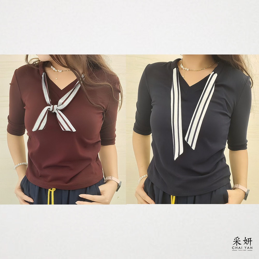 素色條紋領巾V領五分袖上衣