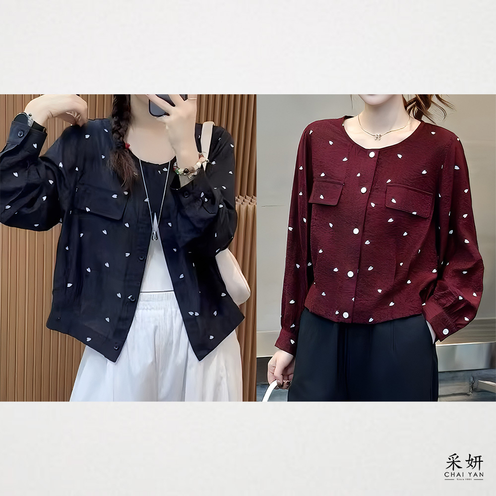 中國風暗紋心點排扣圓領長袖上衣