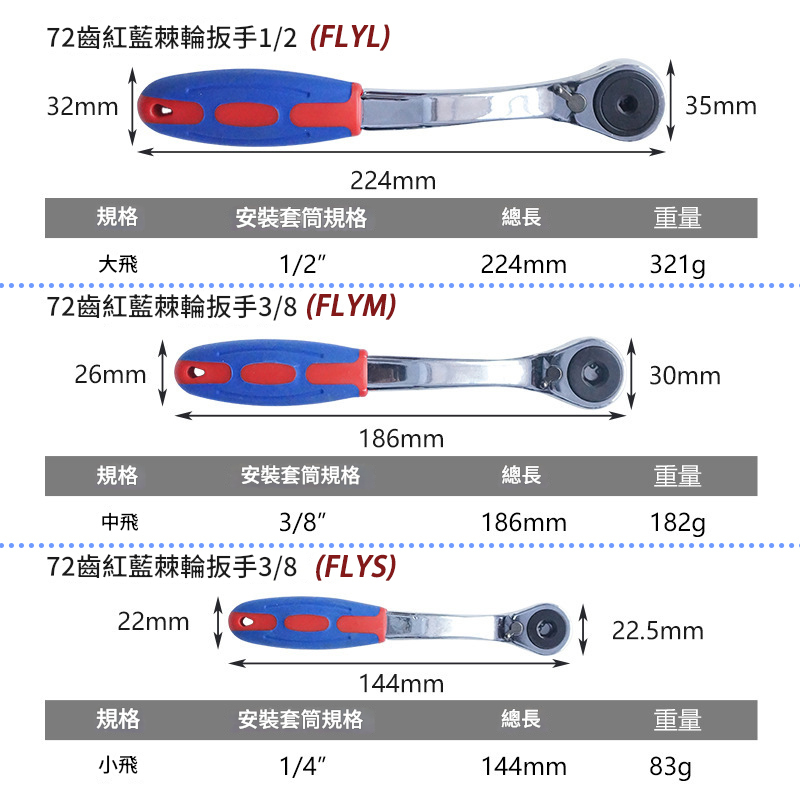 附發票｜FLY系列 大飛、中飛、小飛｜72齒內六角棘輪板手 快脫葫蘆柄 卡里卡里 快速扳手汽修機修