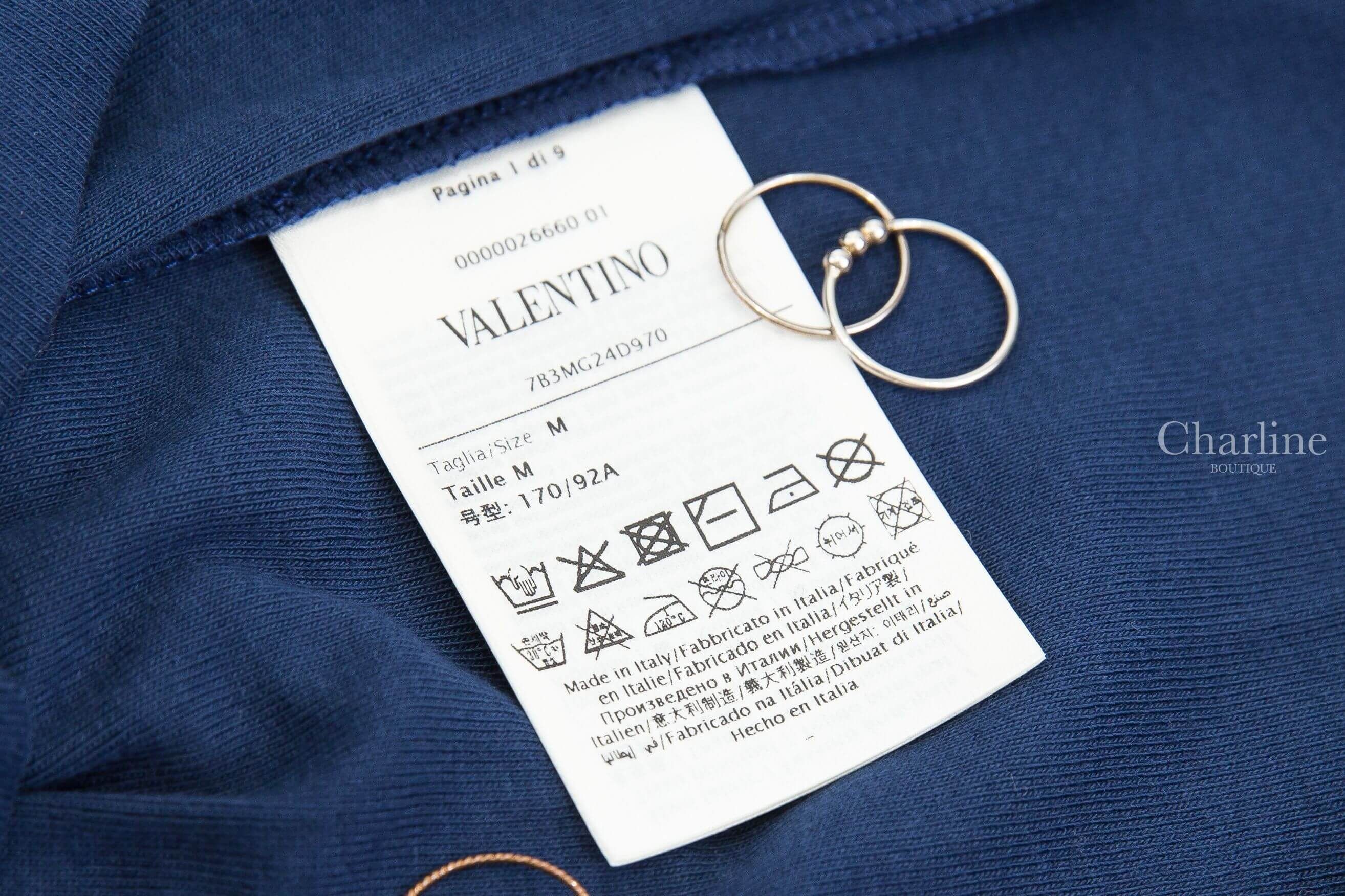 Valentino Jersey Cotton T-shirt 深藍色紅滾邊白色標語印花短袖棉T-Charline Boutique 精品代購