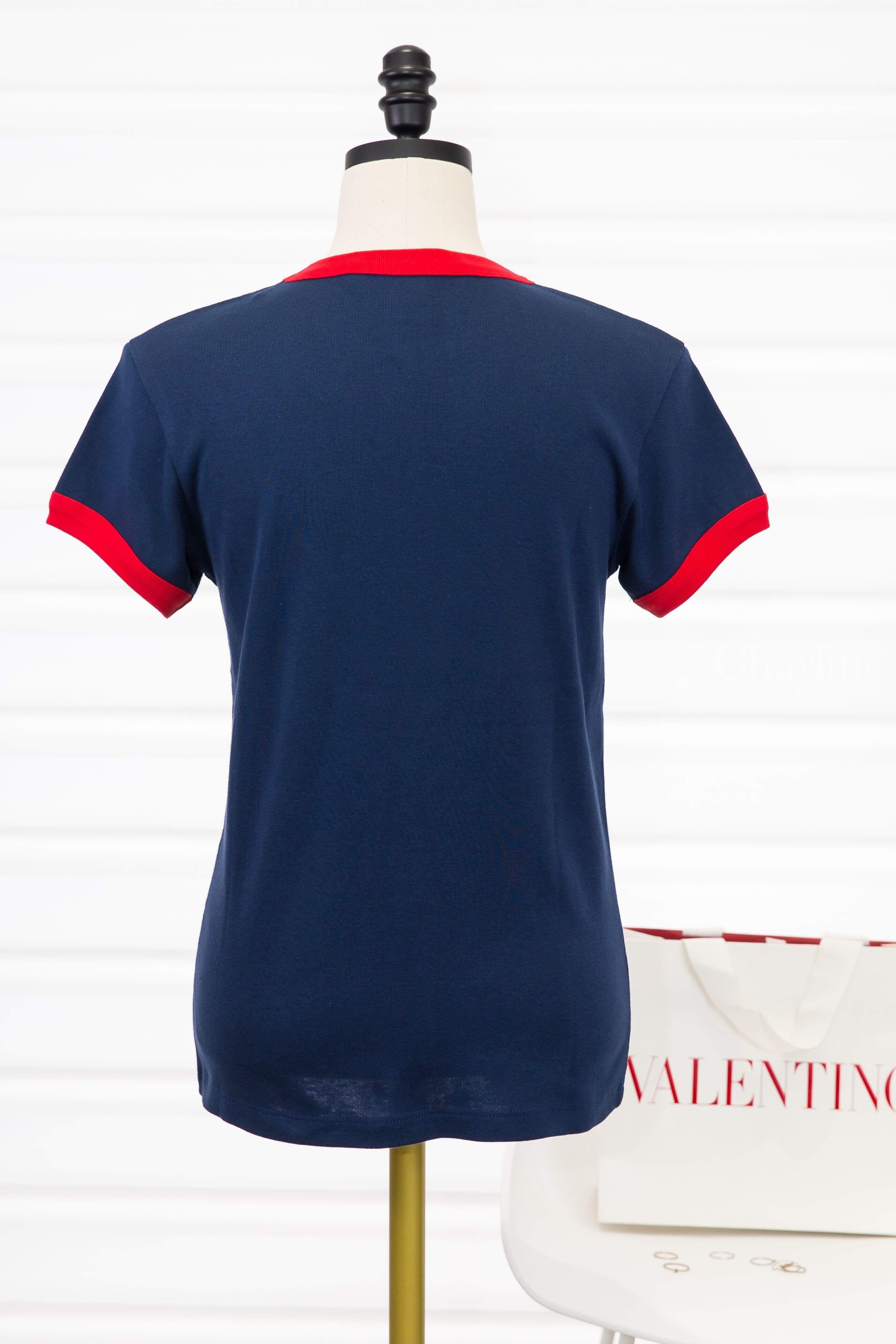Valentino Jersey Cotton T-shirt 深藍色紅滾邊白色標語印花短袖棉T-Charline Boutique 精品代購