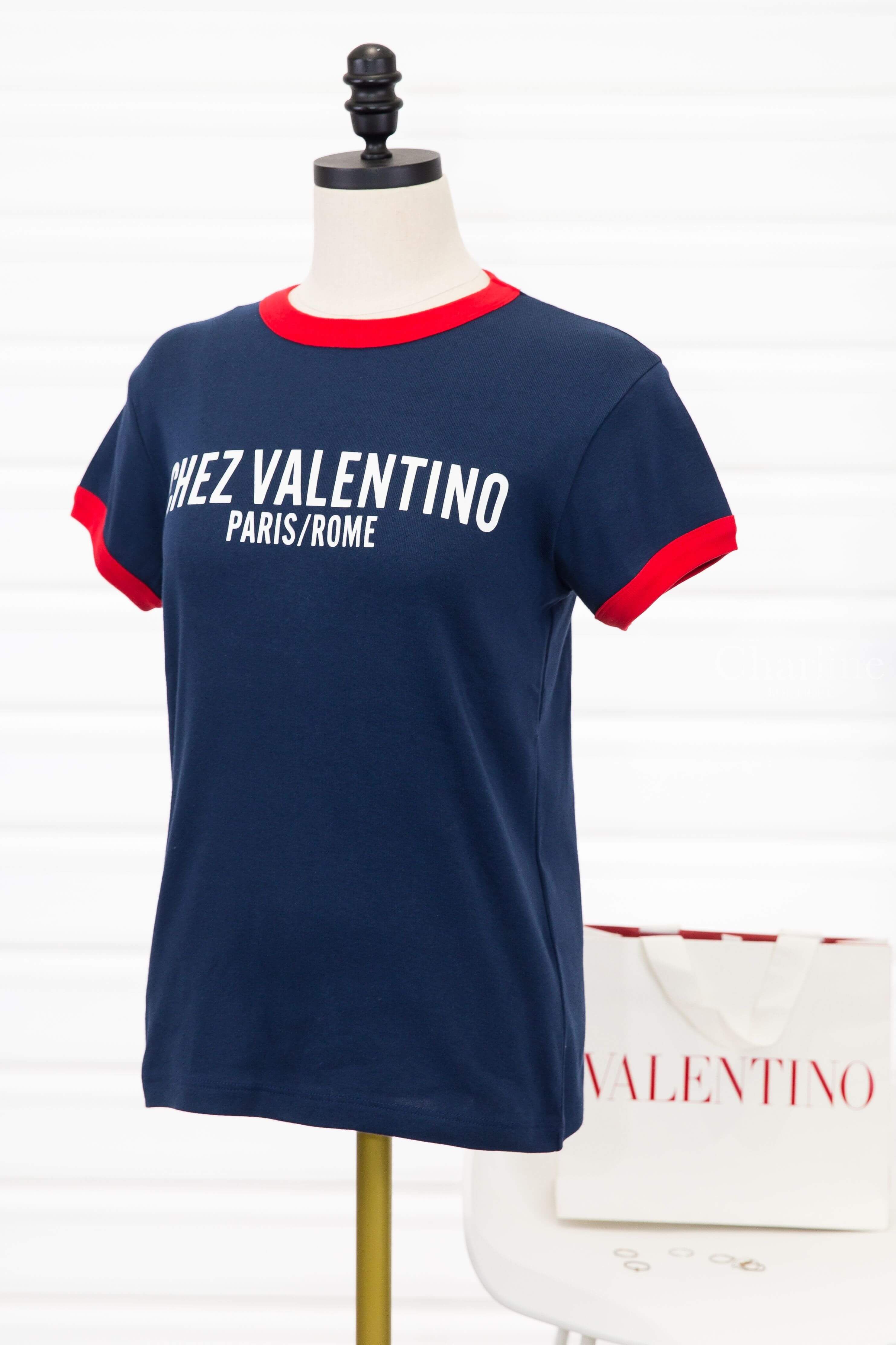 Valentino Jersey Cotton T-shirt 深藍色紅滾邊白色標語印花短袖棉T-Charline Boutique 精品代購
