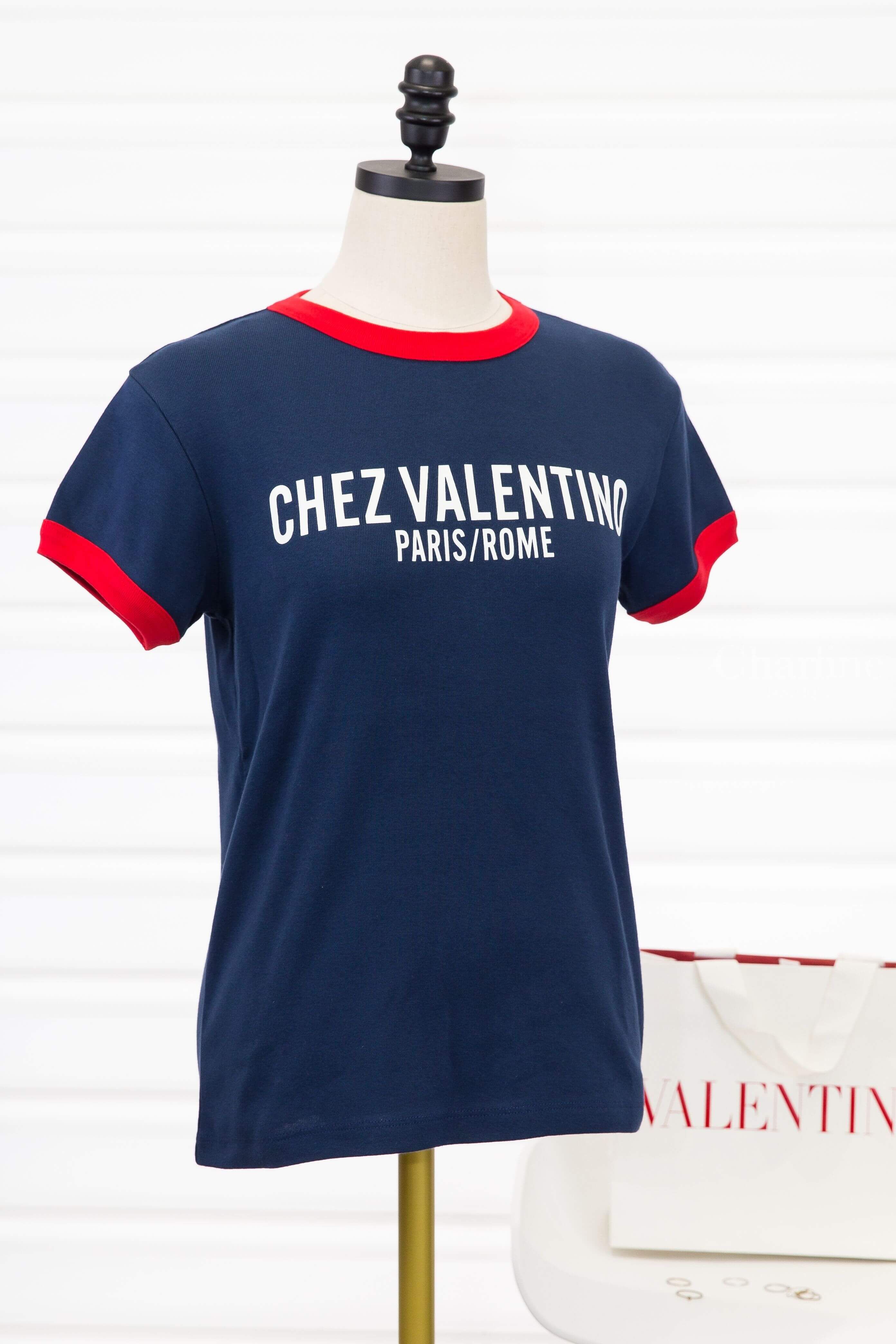 Valentino Jersey Cotton T-shirt 深藍色紅滾邊白色標語印花短袖棉T-Charline Boutique 精品代購