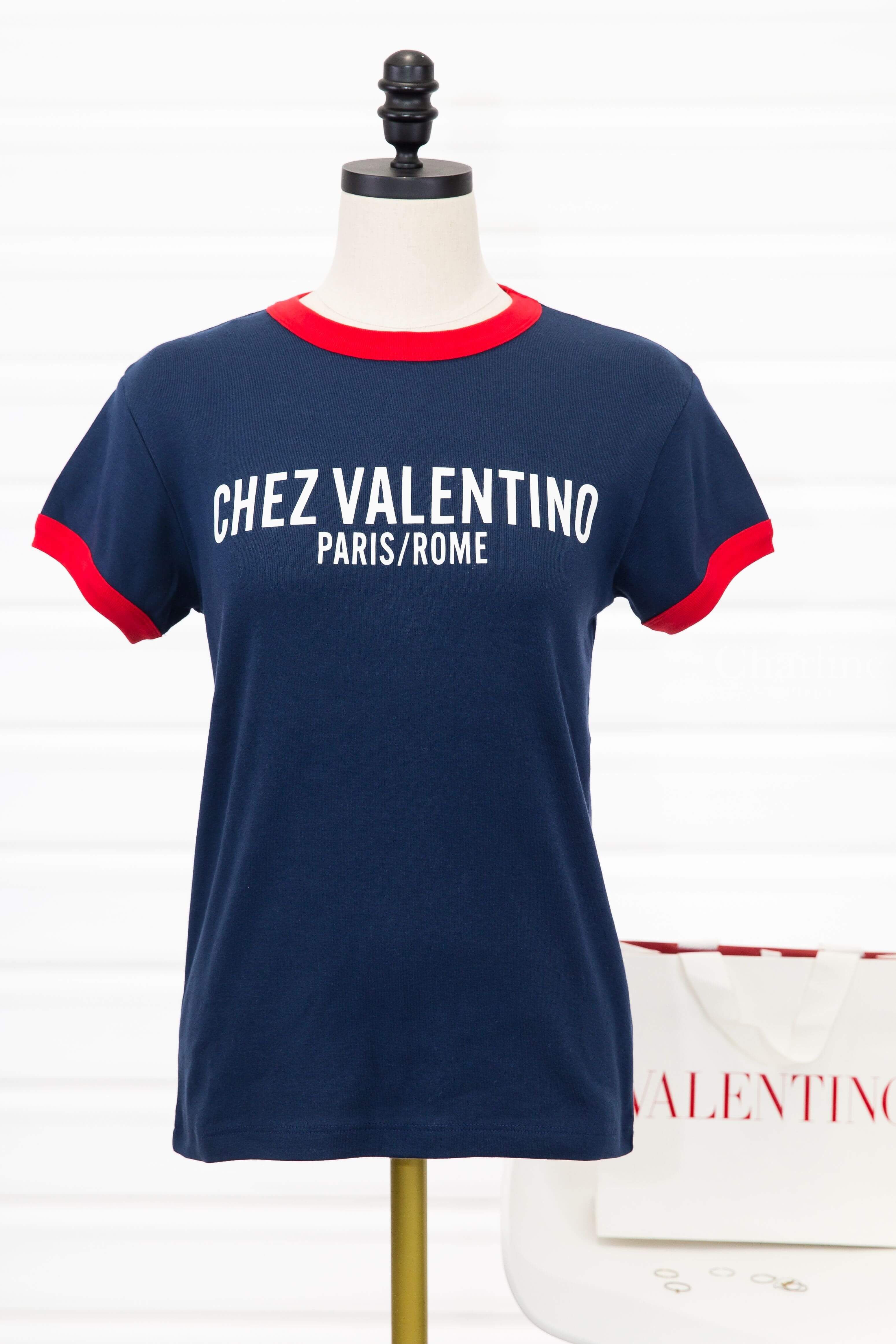 Valentino Jersey Cotton T-shirt 深藍色紅滾邊白色標語印花短袖棉T