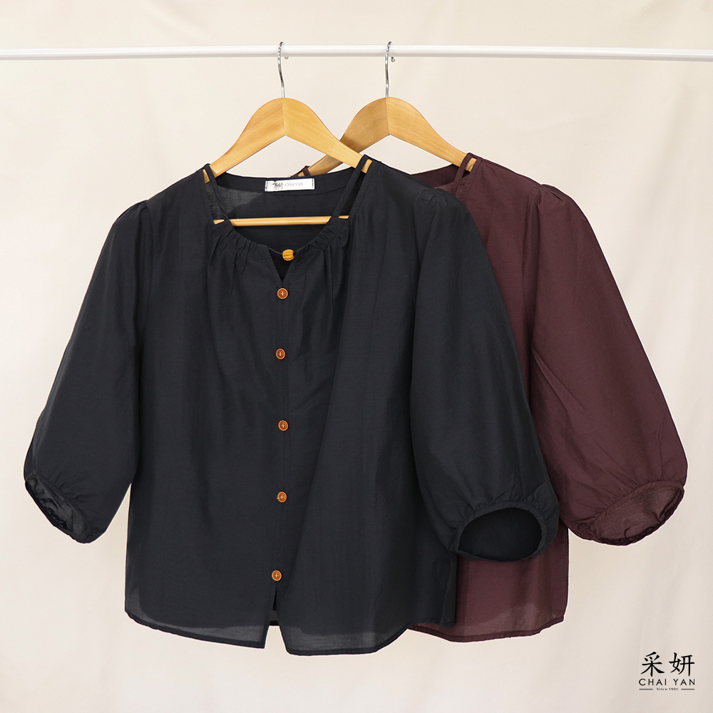 復古素色抓皺圓領五分袖上衣