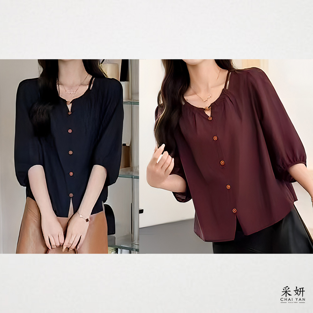 復古素色抓皺圓領五分袖上衣