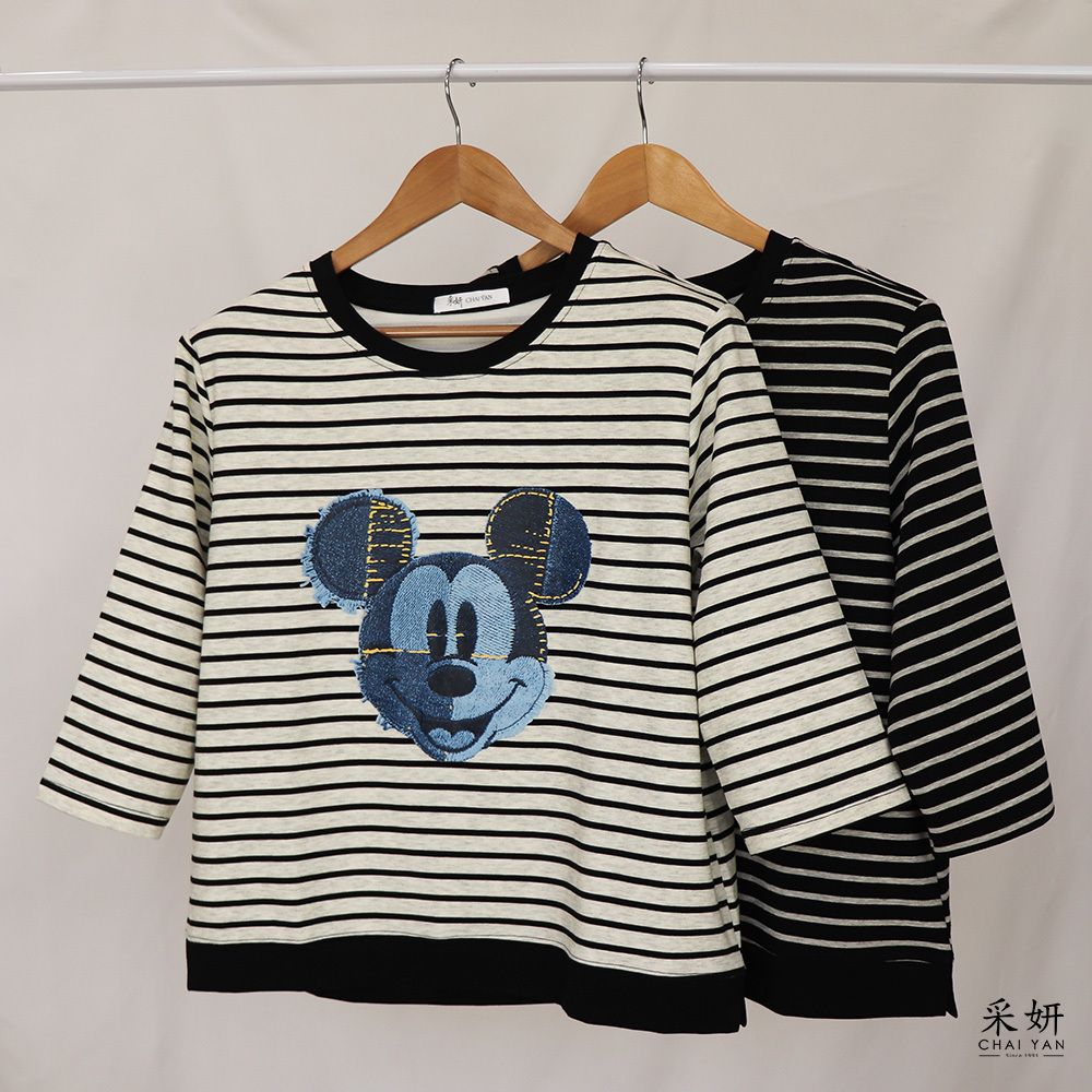 橫條紋卡通大頭印花圓領七分袖上衣