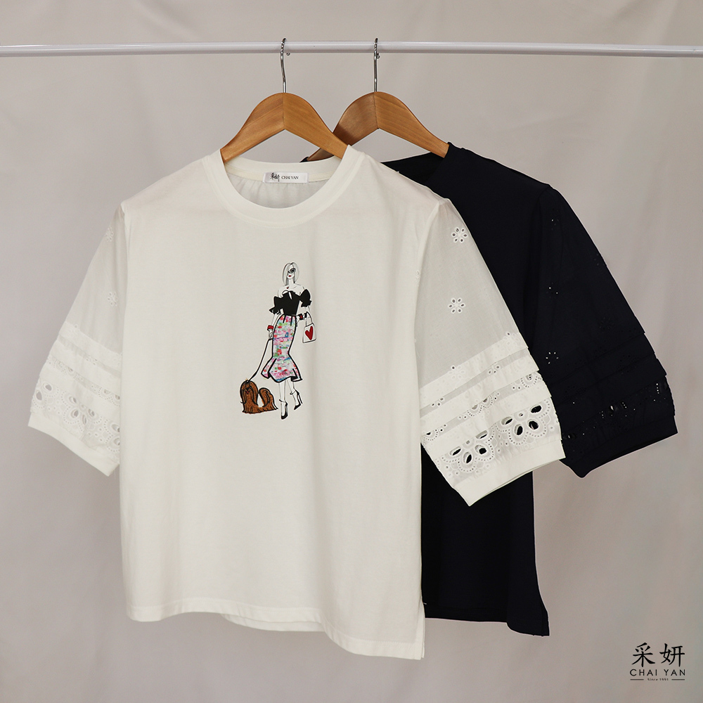 女人異材質燙印圓領拼接五分袖上衣