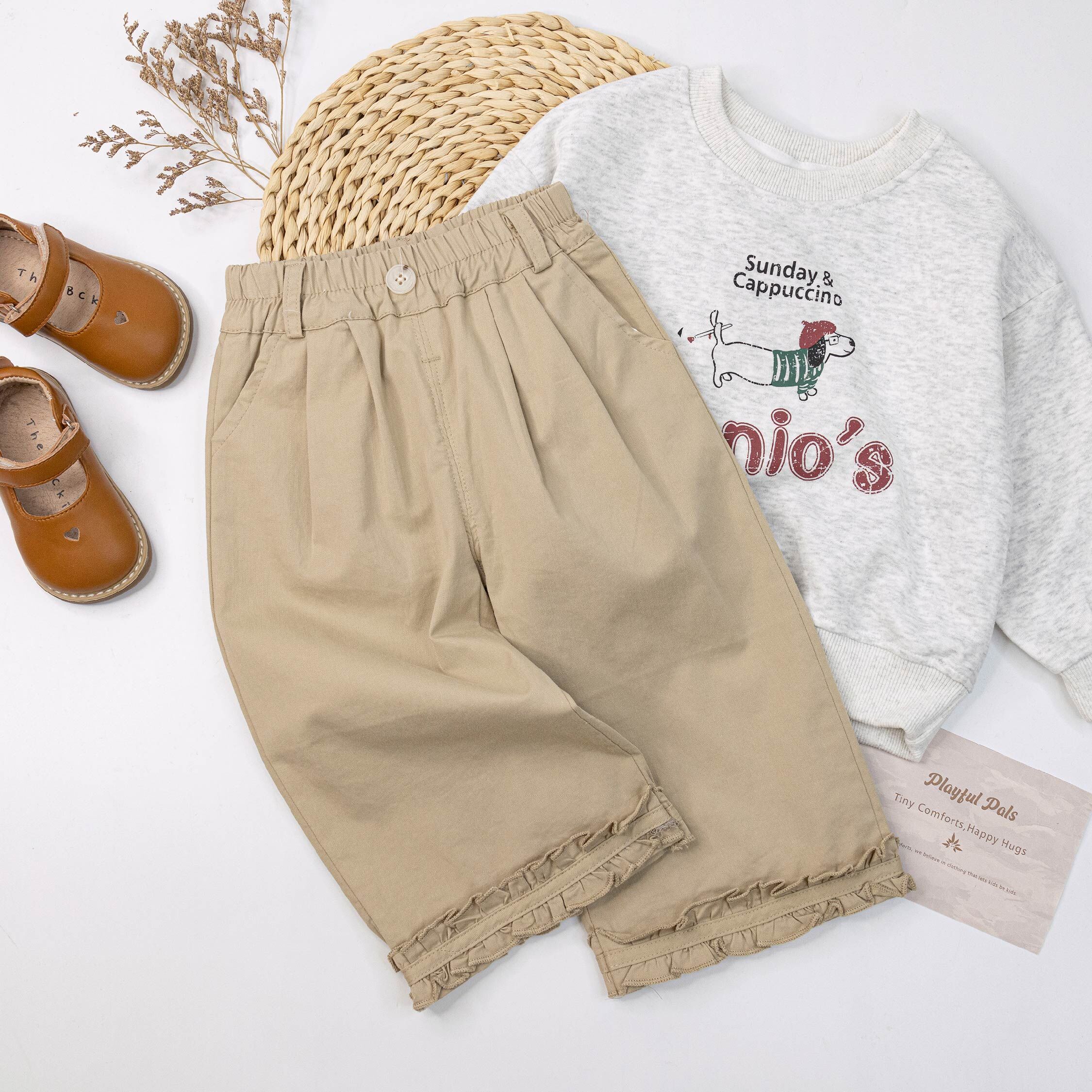 【H55244】氣質荷葉邊拼接休閒褲