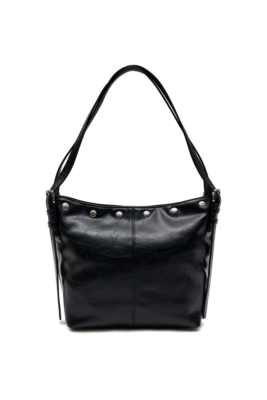 經典鐵牌鉚釘皮革肩背包 黑色