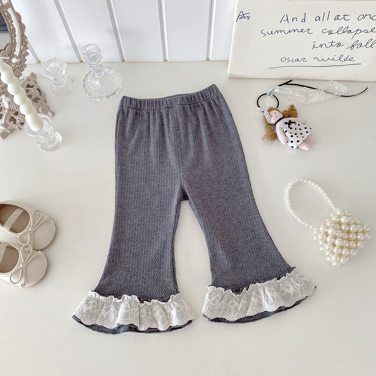 氣質坑條蕾絲喇叭褲