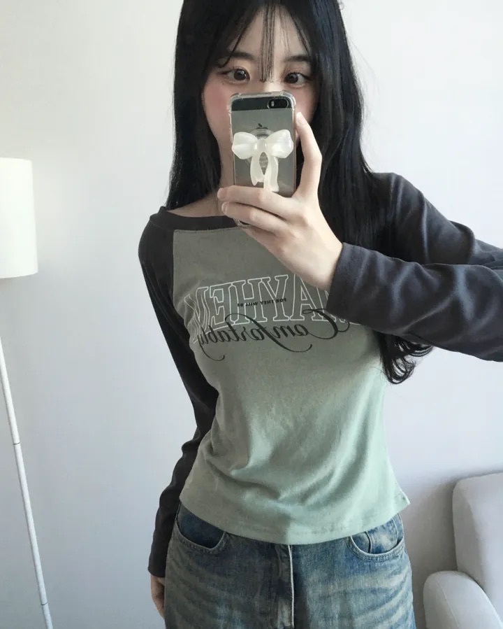 【優惠價現貨】韓國拼色LETTER牛角長袖TEE（4色）