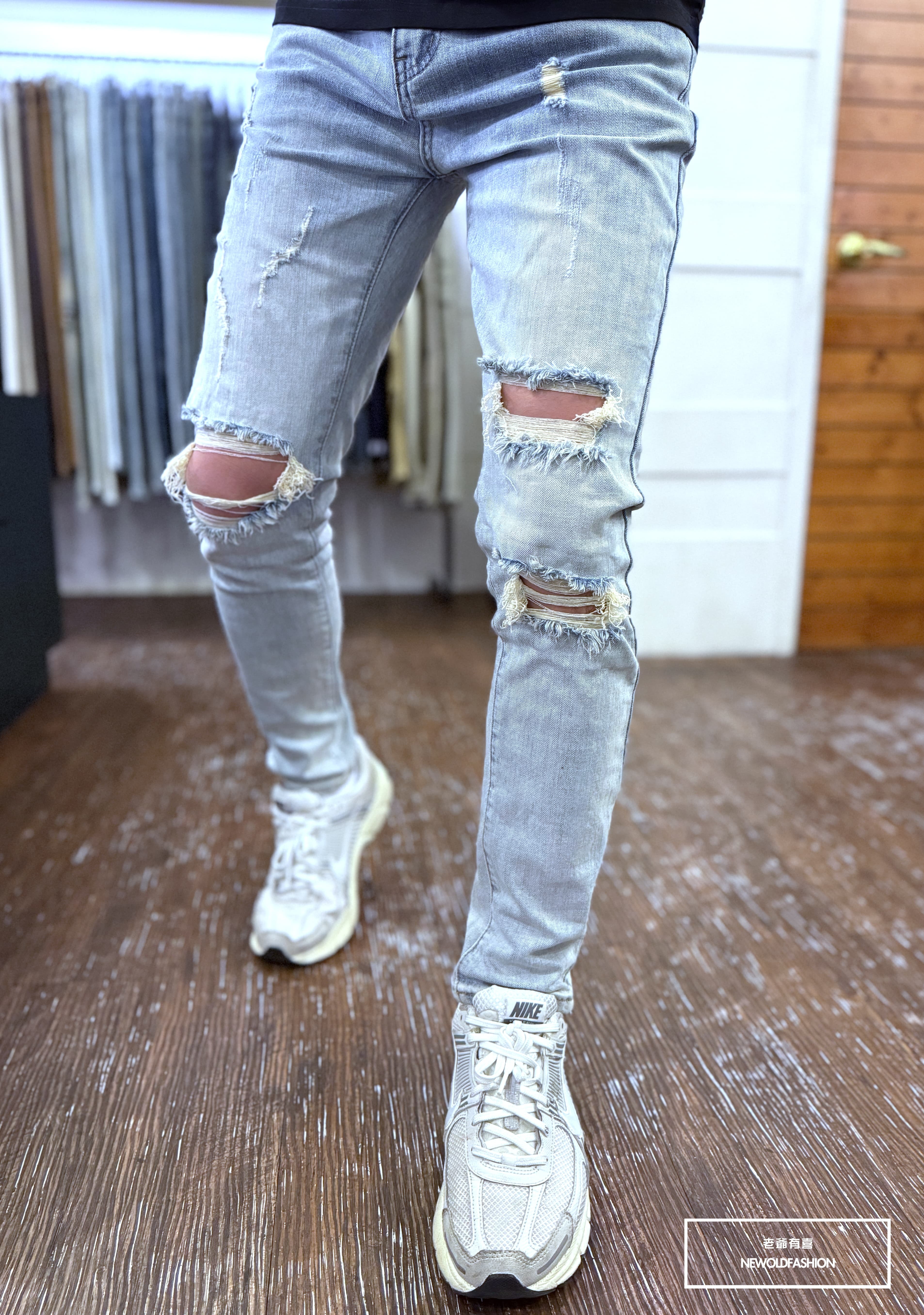 『熱銷到貨』重磅仿舊刷白膝破壞牛仔小直筒褲！