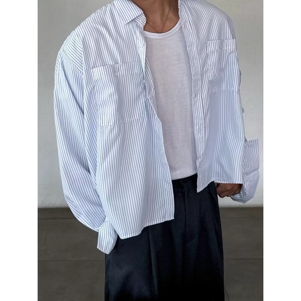 (GOAL) 韓國 長袖 BOXY 格紋 口袋 寬鬆 短版 短寬 襯衫