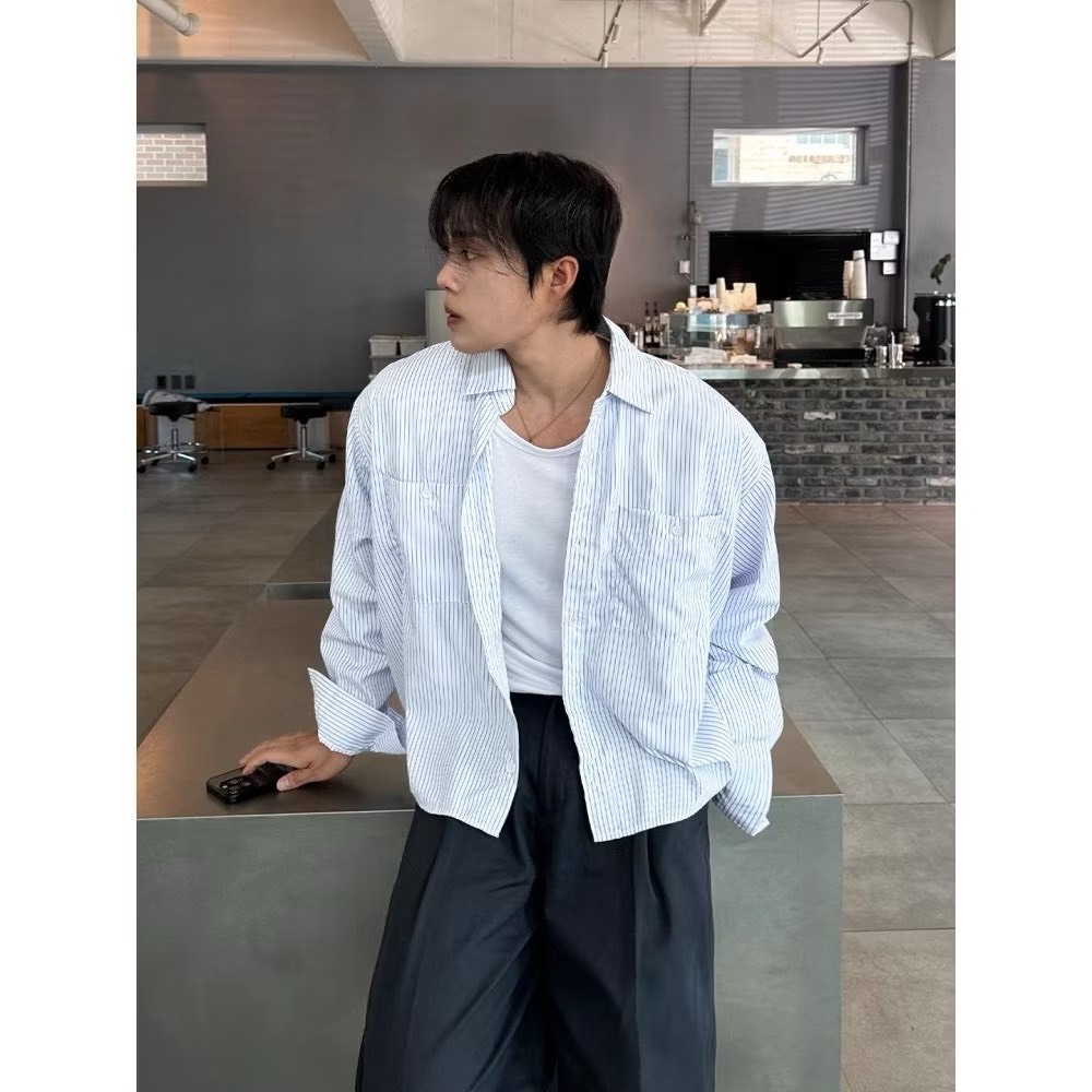 (GOAL) 韓國 長袖 BOXY 格紋 口袋 寬鬆 短版 短寬 襯衫