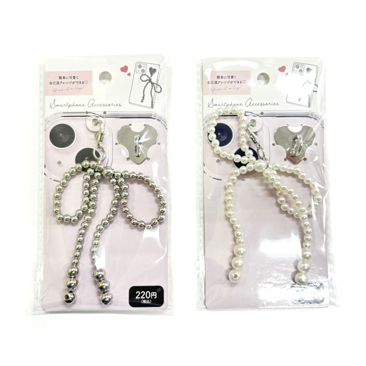 手機掛飾/大蝴蝶結 2入 珍珠、銀