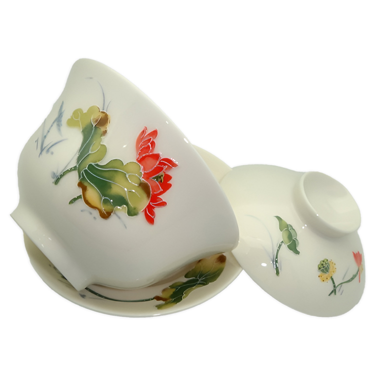 鹿港窯禮品館｜荷花小蓋杯 手工陶瓷茶杯 典雅花紋 品味生活首選