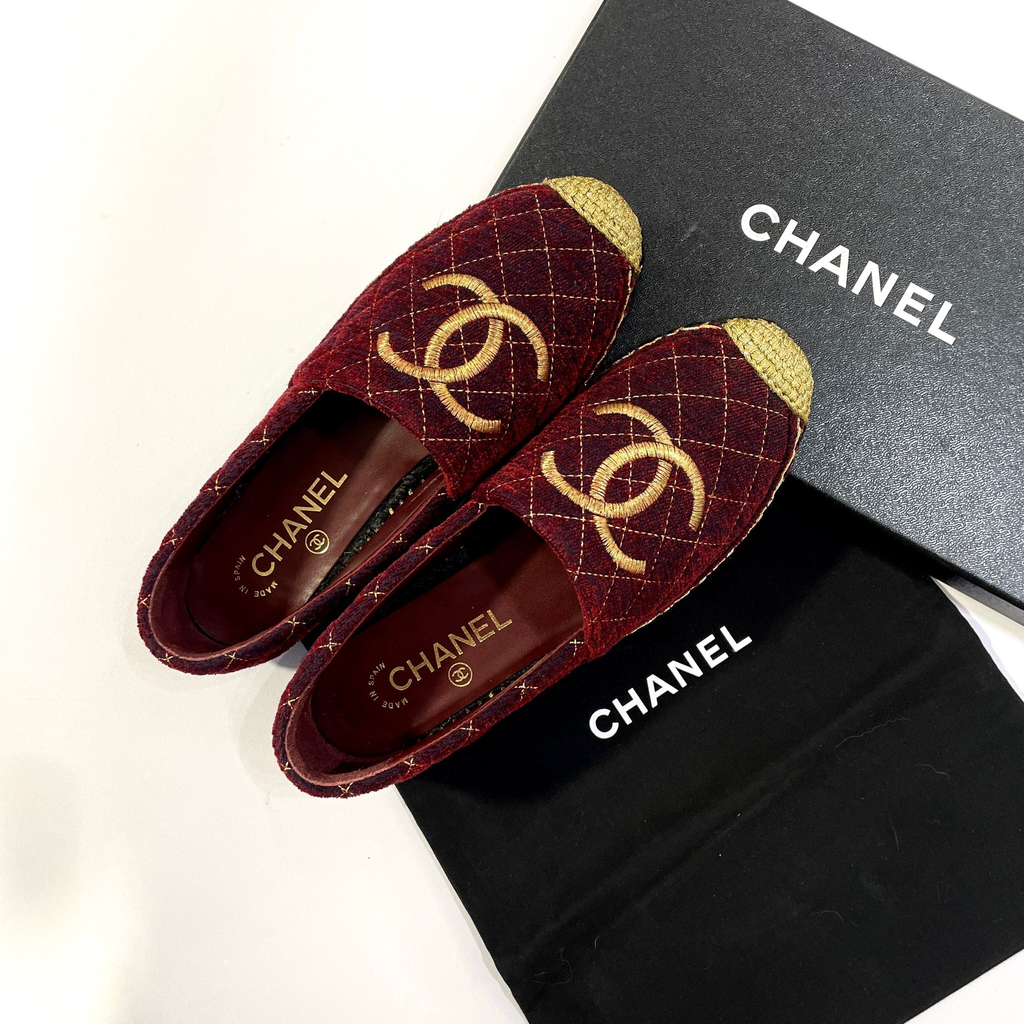 全新CHANEL漁夫鞋37碼 酒紅色拼金logo漁夫鞋   Espadrilles Flats Shoes #BRAND NEW #香榭站正品