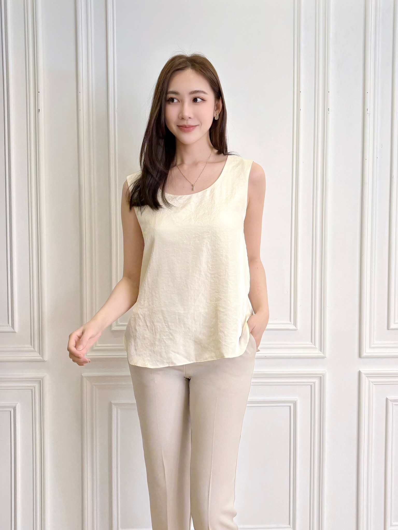 光澤揉皺感腰帶背心