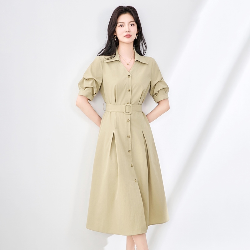 翻領澎袖排釦洋裝 卡其