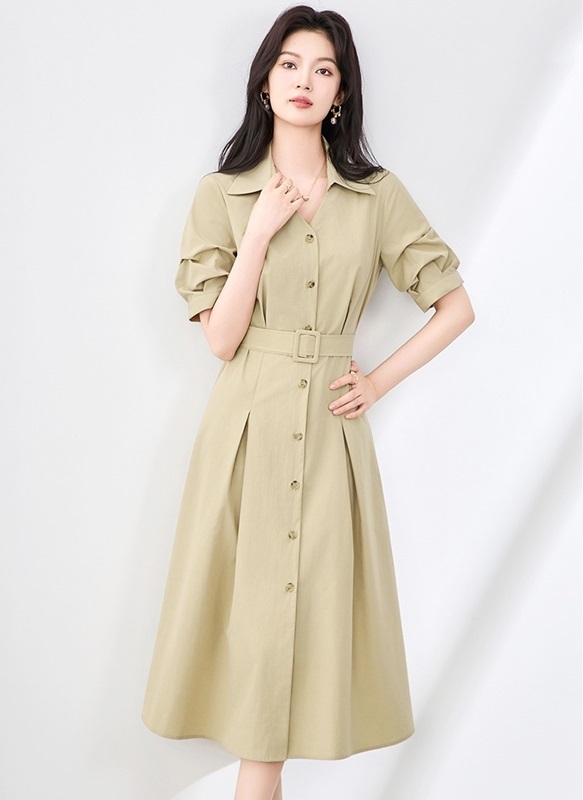 翻領澎袖排釦洋裝 卡其