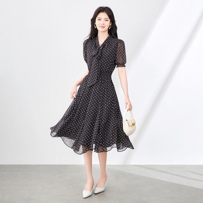 綁帶點點雪紡洋裝 黑色