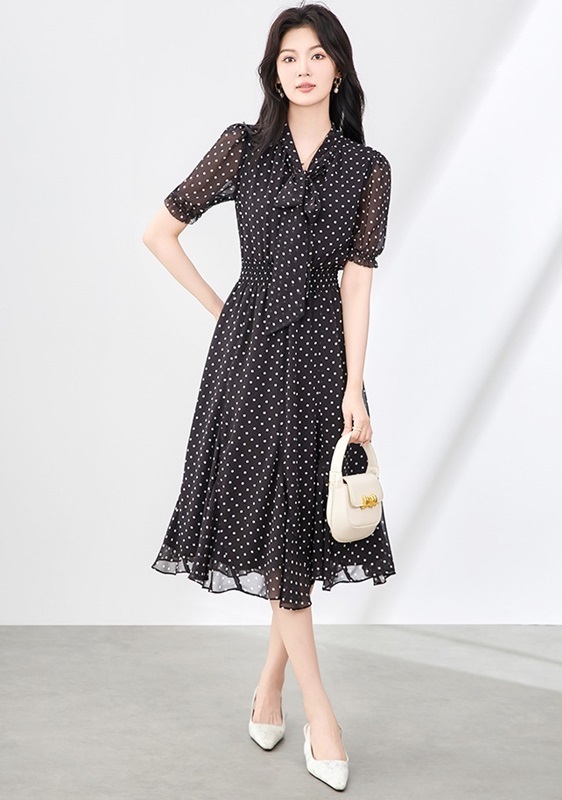 綁帶點點雪紡洋裝 黑色