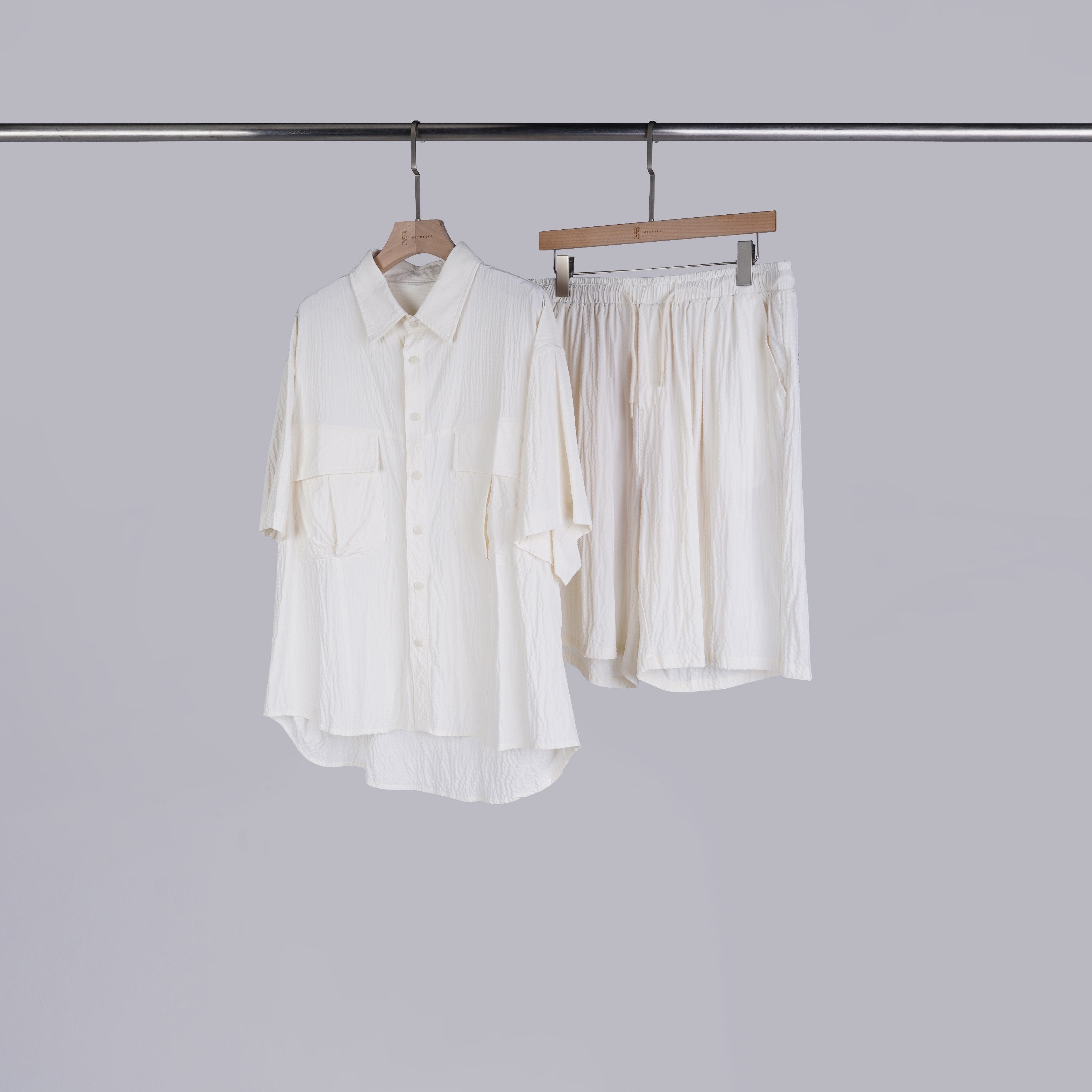 質感壓紋口袋襯衫+短褲 | 奶油杏 | 套裝