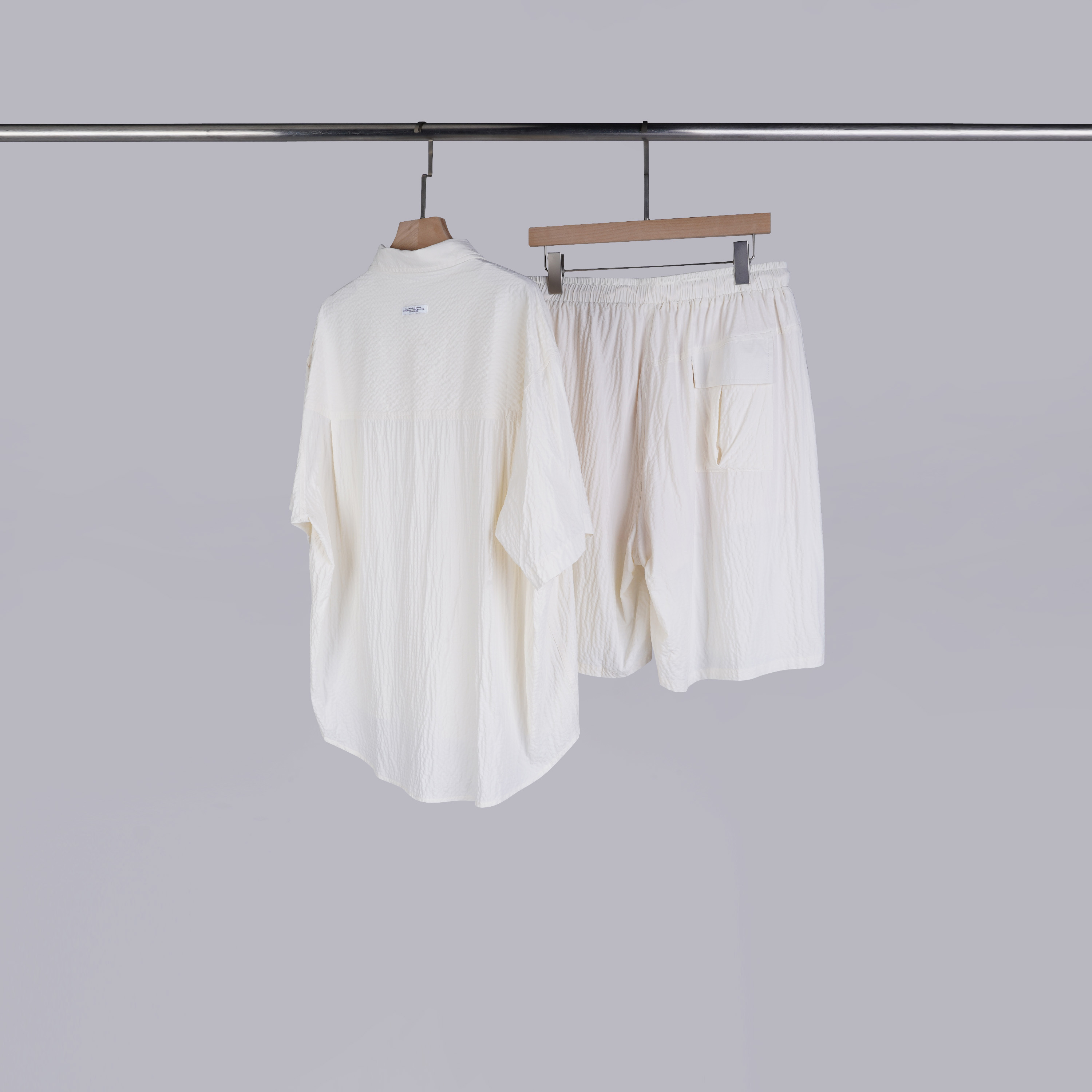 質感壓紋口袋襯衫+短褲 | 奶油杏 | 套裝