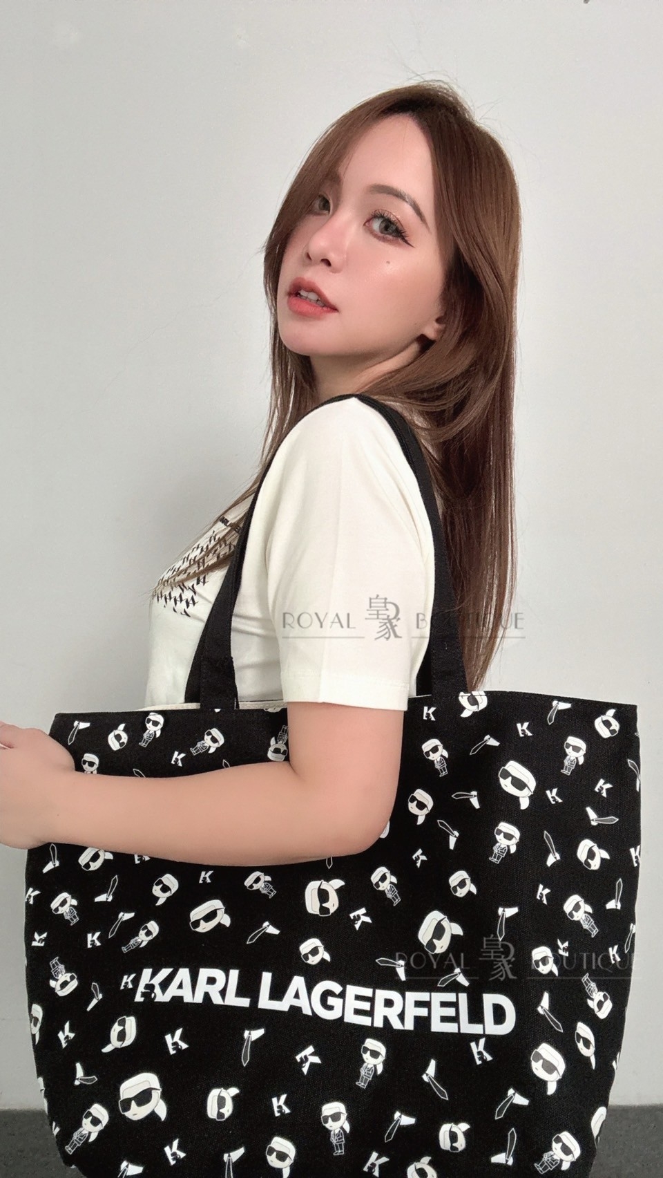 KARL LAGERFELD 卡爾 老佛爺滿版印花帆布手提托特包