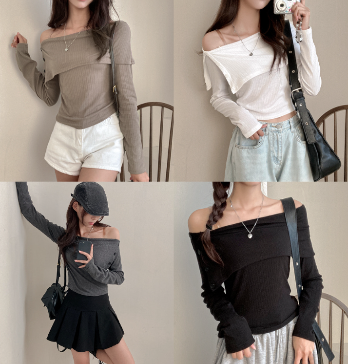 早秋預訂｜Button 露肩長袖上衣