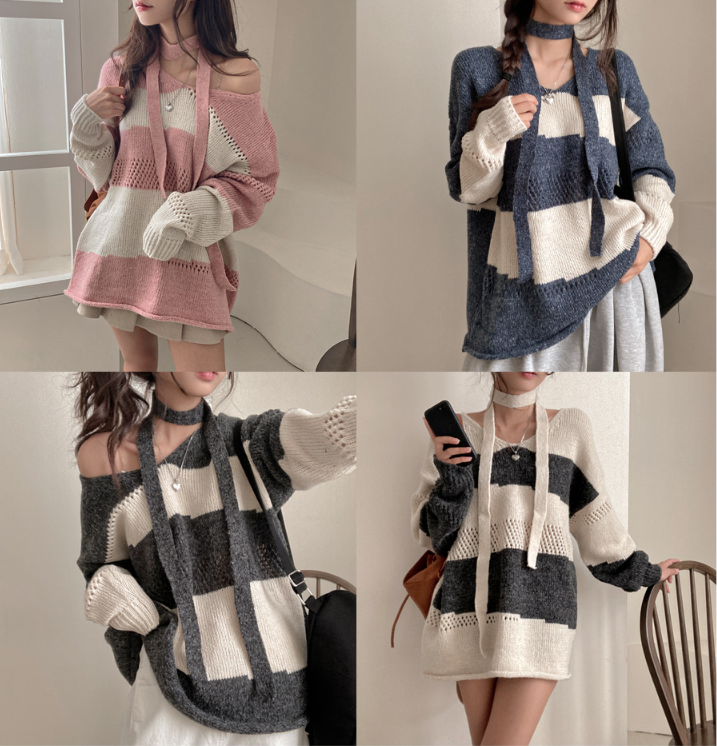 早秋預訂｜圍巾+條紋V領寬鬆針織衫SET