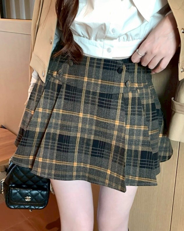 設計師家可拆兔耳領巾收腰襯衫+黃灰格紋中古感摺裙