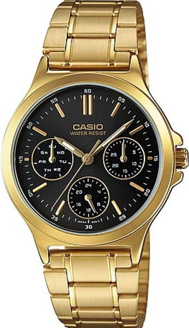 萬年鐘錶 - CASIO  時尚金色黑面三眼女錶  LTP-V300G-1A 錶徑33.2MM