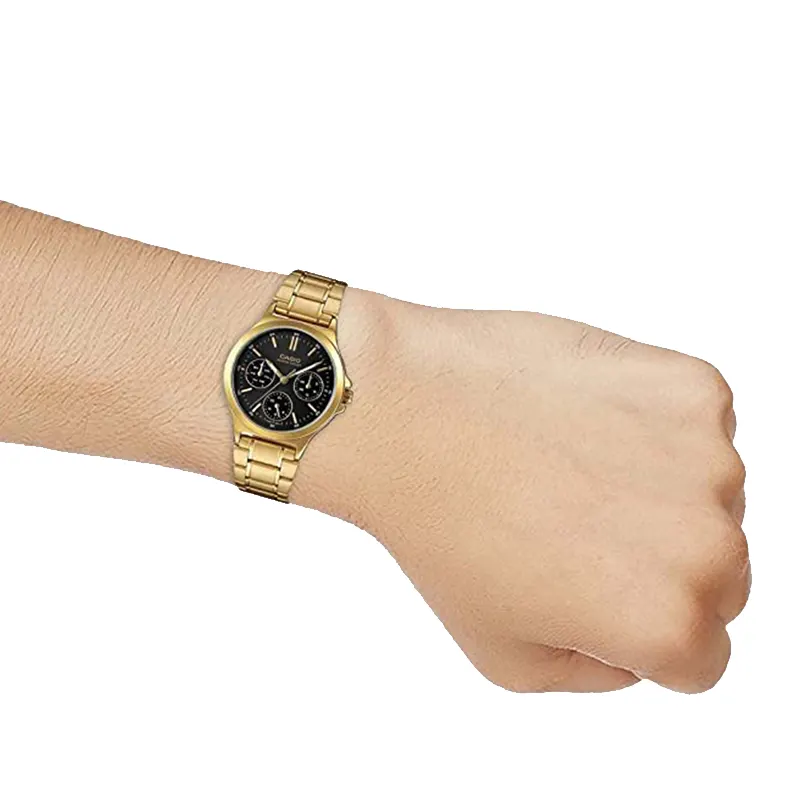 萬年鐘錶 - CASIO  時尚金色黑面三眼女錶  LTP-V300G-1A 錶徑33.2MM