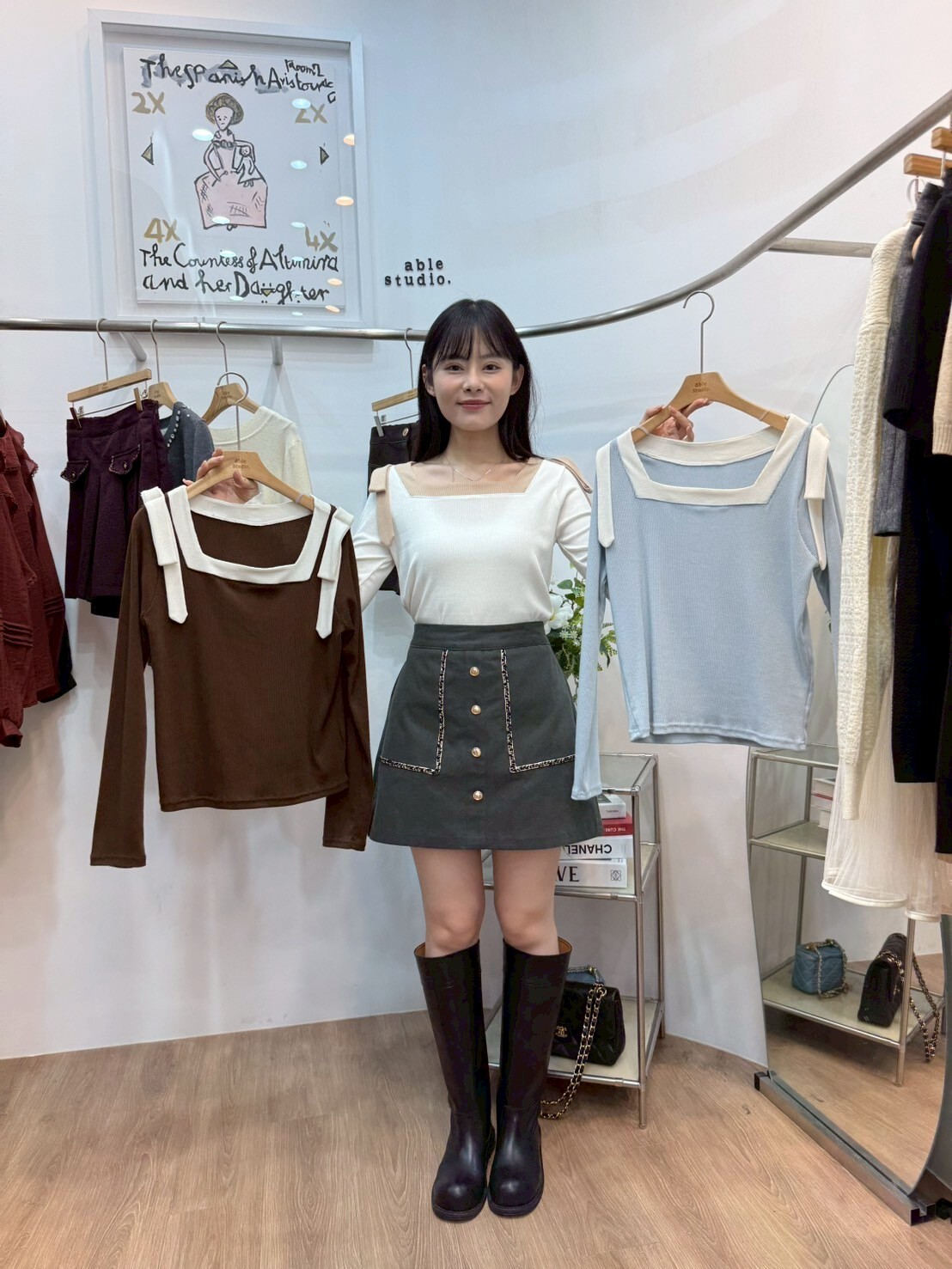 AS5019 設計感拼色肩長袖上衣