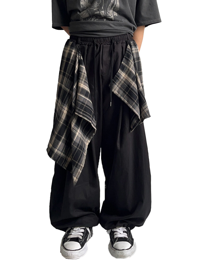 格紋層疊褲裙棉褲