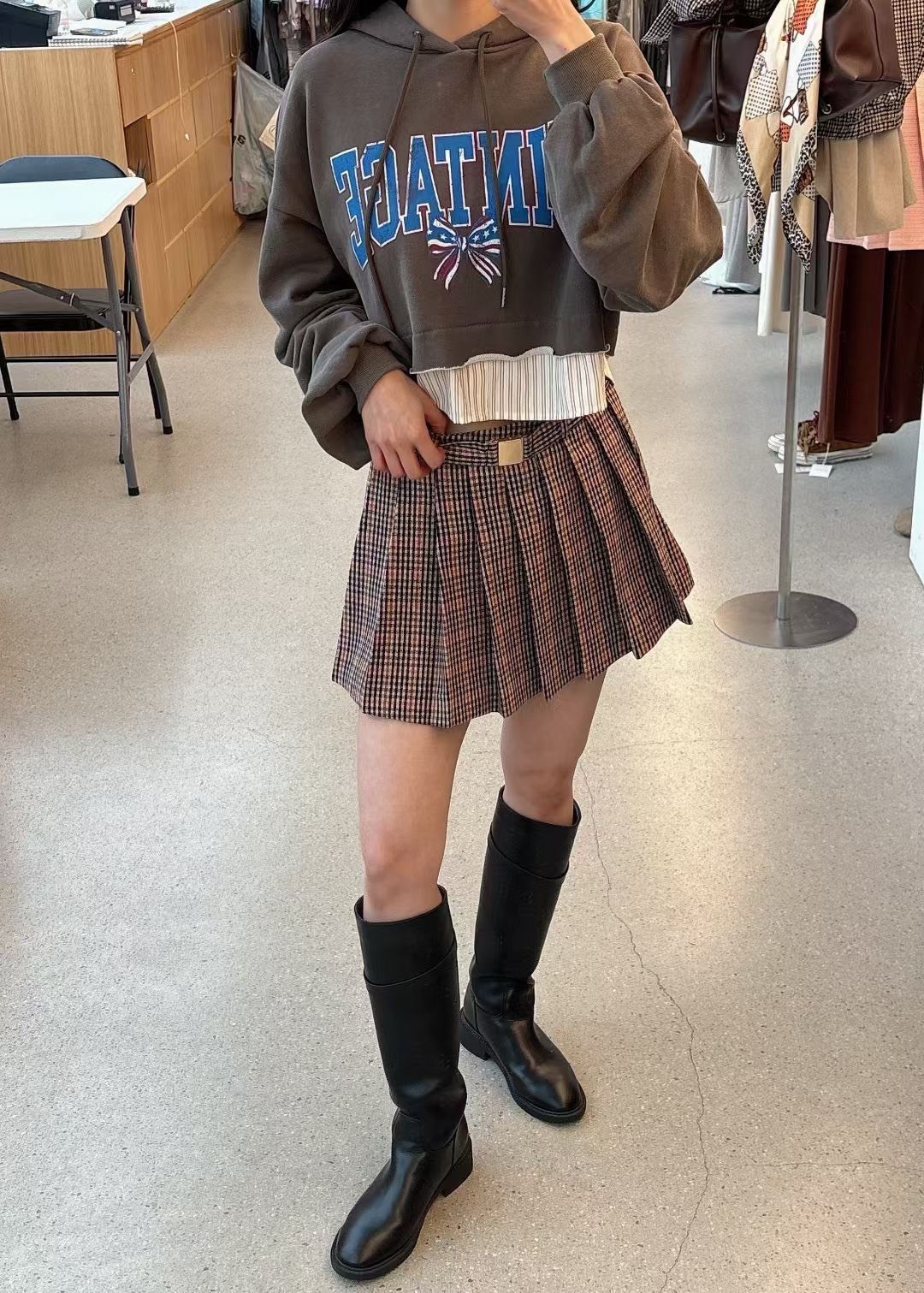 金腰帶格子短裙