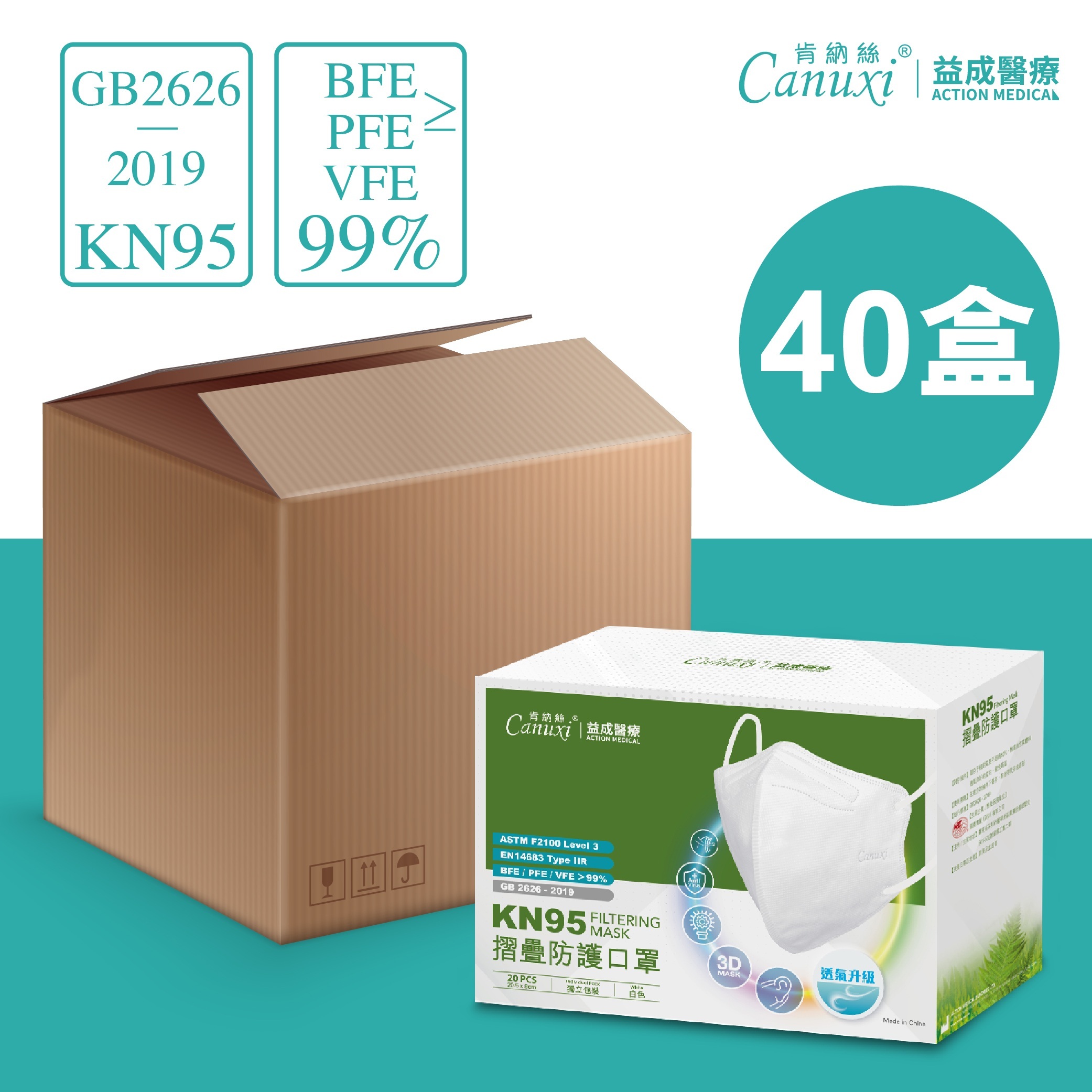 成人KN95高透氣摺疊防護口罩 /原箱40盒套裝