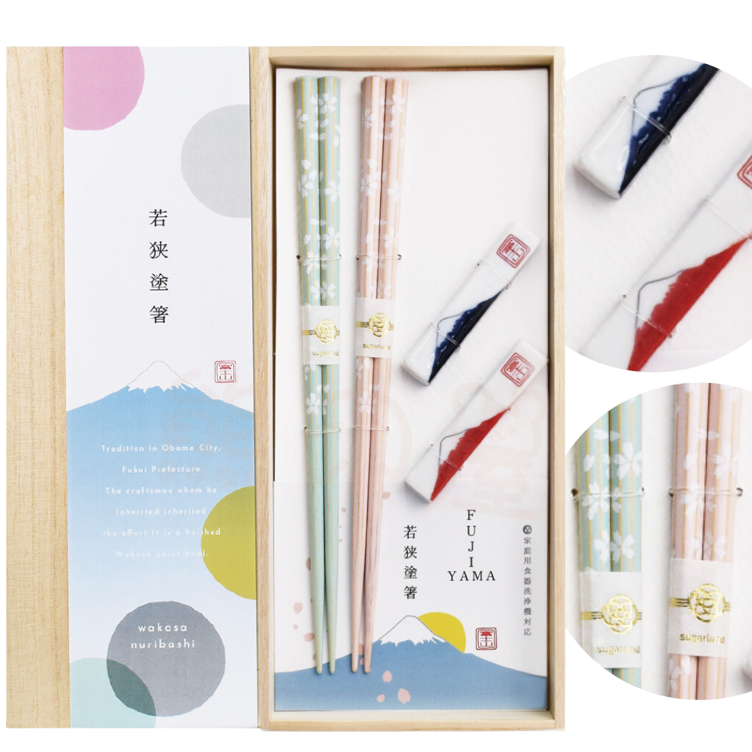 日本富士山櫻花夫婦/情侶對筷附筷架禮盒套裝 日本製 (平行進口)